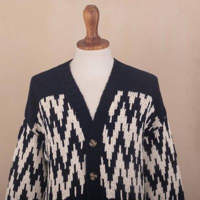Alternate image for Mens Navy and Ecru Cotton Sweater with Zigzag Design Peruvian Zigzag