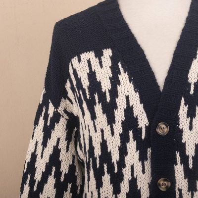 Alternate image for Mens Navy and Ecru Cotton Sweater with Zigzag Design Peruvian Zigzag
