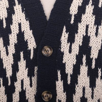 Alternate image for Mens Navy and Ecru Cotton Sweater with Zigzag Design Peruvian Zigzag