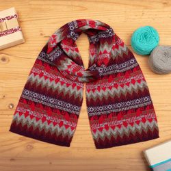 Image for Patterned Soft 100 Baby Alpaca Scarf in Red and Brown Hues Flames of the Andes