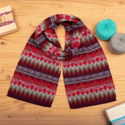 Primary image for Patterned Soft 100 Baby Alpaca Scarf in Red and Brown Hues Flames of the Andes