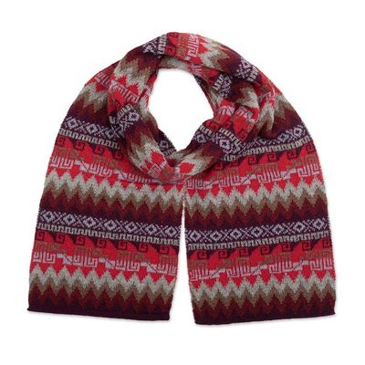 Alternate image for Patterned Soft 100 Baby Alpaca Scarf in Red and Brown Hues Flames of the Andes