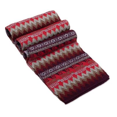 Alternate image for Patterned Soft 100 Baby Alpaca Scarf in Red and Brown Hues Flames of the Andes