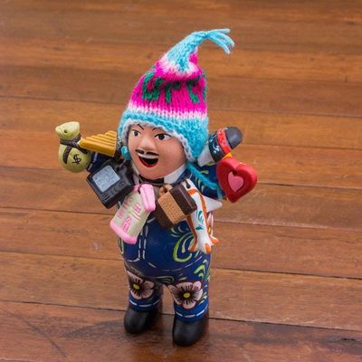 Primary image for Blue Painted Ekeko Sculpture with Wool Cap from Peru Ekeko of Abundance in Blue