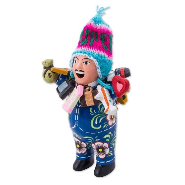 Alternate image for Blue Painted Ekeko Sculpture with Wool Cap from Peru Ekeko of Abundance in Blue