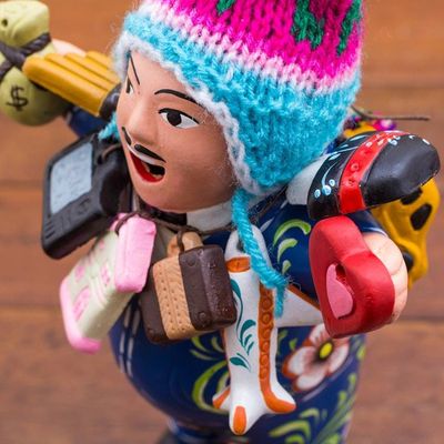 Alternate image for Blue Painted Ekeko Sculpture with Wool Cap from Peru Ekeko of Abundance in Blue