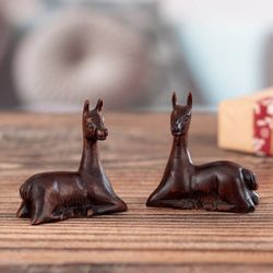 Image for 2 Hand-Carved Cedar Wood Figurines of Resting Andean Vicunas Resting Vicunas