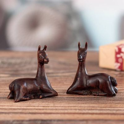 Primary image for 2 Hand-Carved Cedar Wood Figurines of Resting Andean Vicunas Resting Vicunas