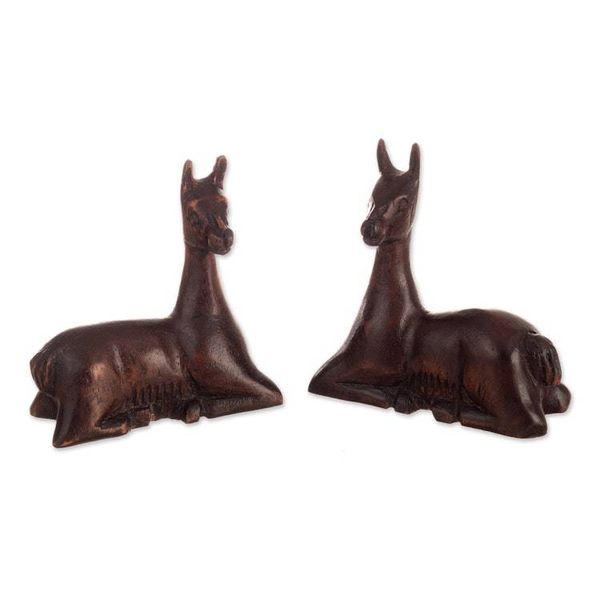 Alternate image for 2 Hand-Carved Cedar Wood Figurines of Resting Andean Vicunas Resting Vicunas