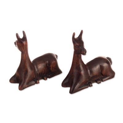Alternate image for 2 Hand-Carved Cedar Wood Figurines of Resting Andean Vicunas Resting Vicunas