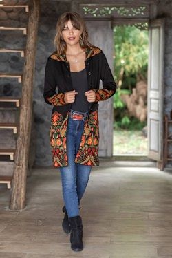Image for Spring-Themed Floral 100 Baby Alpaca Coat Woven in Peru Heritage Cardigan