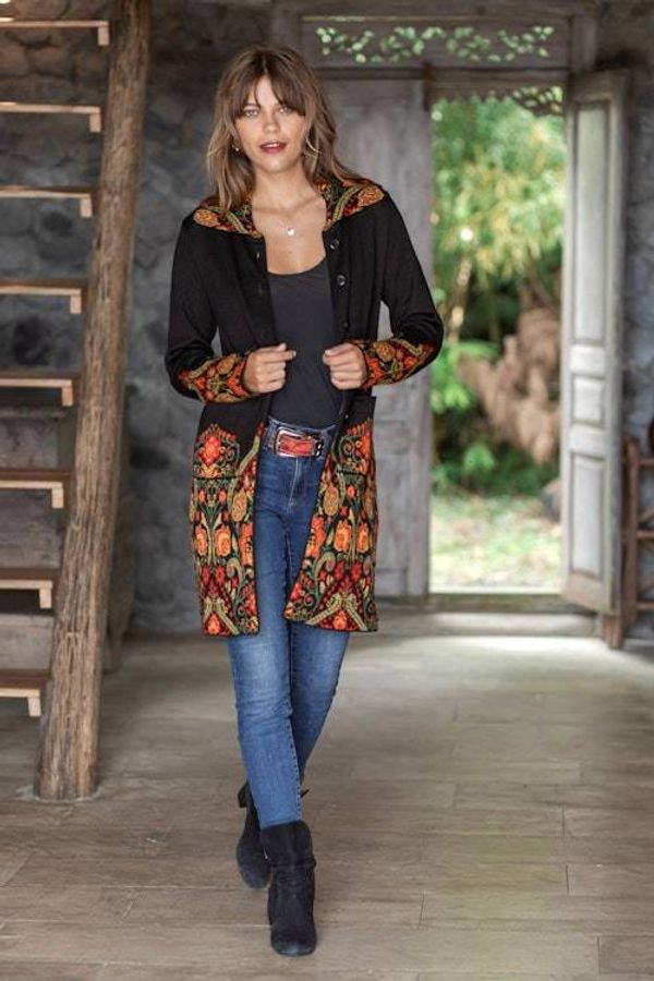 Alternate image for Spring-Themed Floral 100 Baby Alpaca Coat Woven in Peru Heritage Cardigan
