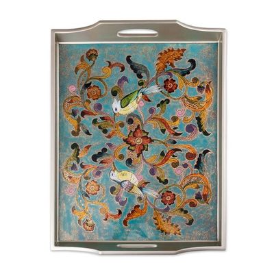 Alternate image for Rectangular Reverse-Painted Glass Tray from Peru Mystic Flora