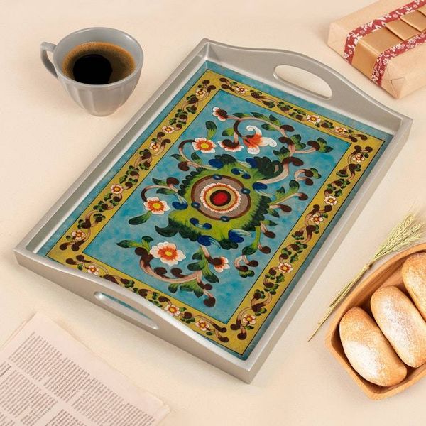 Alternate image for Silver-Toned Handcrafted Floral Reverse-Painted Glass Tray Morning Harvest