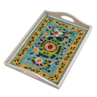 Alternate image for Silver-Toned Handcrafted Floral Reverse-Painted Glass Tray Morning Harvest