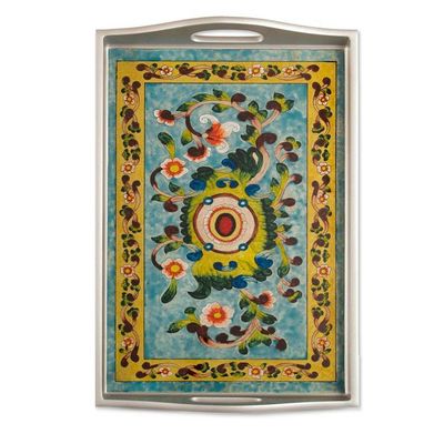 Alternate image for Silver-Toned Handcrafted Floral Reverse-Painted Glass Tray Morning Harvest