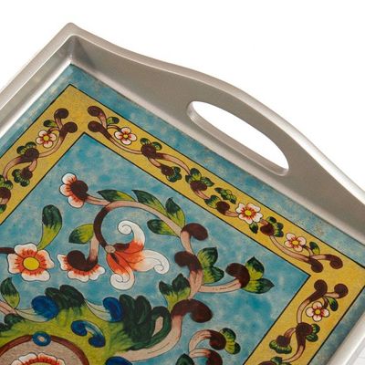 Alternate image for Silver-Toned Handcrafted Floral Reverse-Painted Glass Tray Morning Harvest
