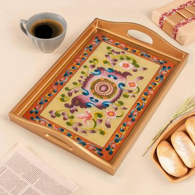 Primary image for Golden-Toned Handcrafted Floral Reverse-Painted Glass Tray Evening Harvest