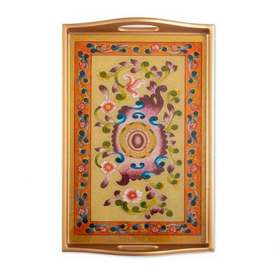 Alternate image for Golden-Toned Handcrafted Floral Reverse-Painted Glass Tray Evening Harvest
