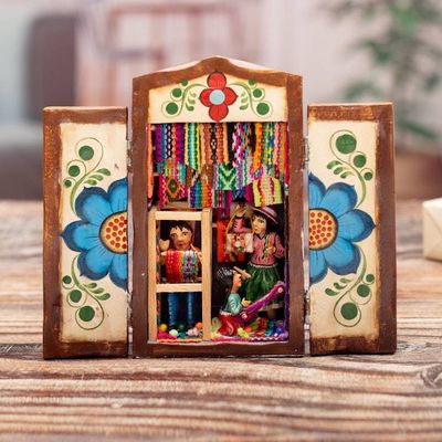 Primary image for Colorful Wood and Ceramic Retablo of Weavers at Market Colorful Marketplace