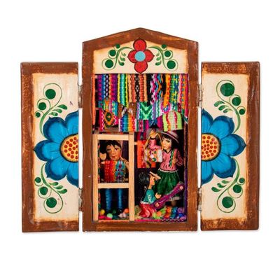 Alternate image for Colorful Wood and Ceramic Retablo of Weavers at Market Colorful Marketplace