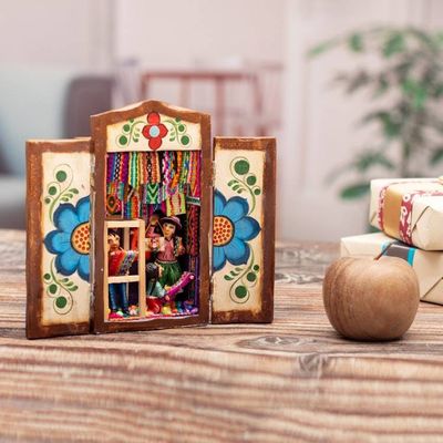 Alternate image for Colorful Wood and Ceramic Retablo of Weavers at Market Colorful Marketplace