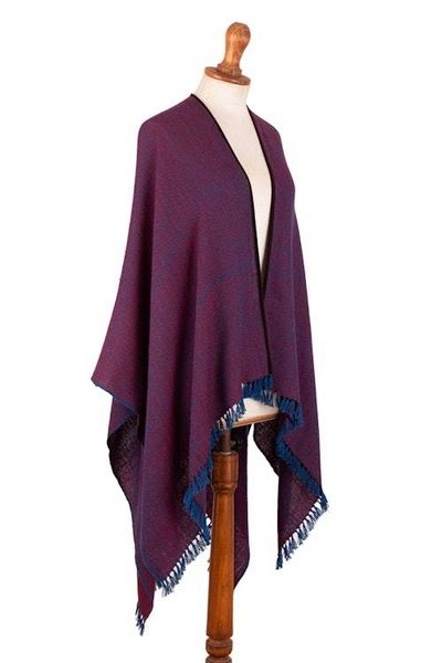 Alternate image for Woven Soft 100 Baby Alpaca Ruana in Bordeaux and Blue Hues Bordeaux Aurora