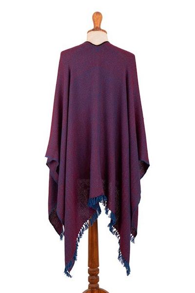 Alternate image for Woven Soft 100 Baby Alpaca Ruana in Bordeaux and Blue Hues Bordeaux Aurora