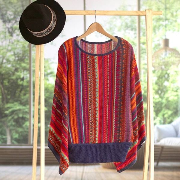 Alternate image for Peruvian Knit Bohemian Drape Sweater in Multicolor Pattern Cuzco Dance