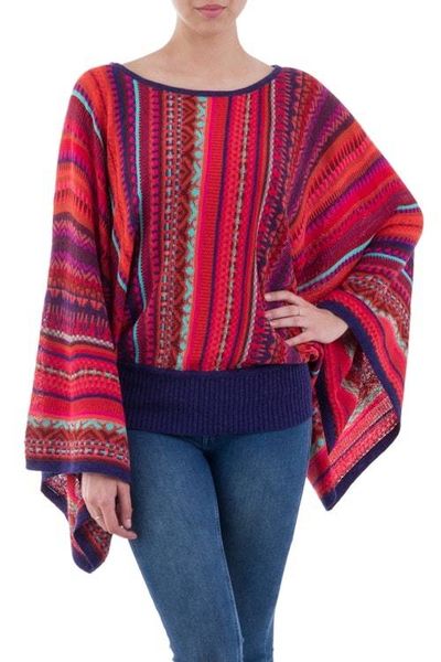 Alternate image for Peruvian Knit Bohemian Drape Sweater in Multicolor Pattern Cuzco Dance