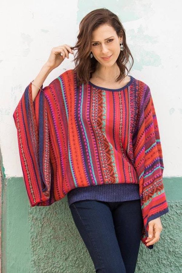 Alternate image for Peruvian Knit Bohemian Drape Sweater in Multicolor Pattern Cuzco Dance