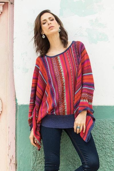 Alternate image for Peruvian Knit Bohemian Drape Sweater in Multicolor Pattern Cuzco Dance
