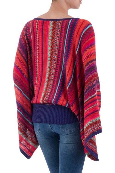 Alternate image for Peruvian Knit Bohemian Drape Sweater in Multicolor Pattern Cuzco Dance