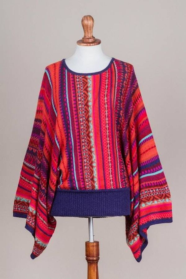 Alternate image for Peruvian Knit Bohemian Drape Sweater in Multicolor Pattern Cuzco Dance