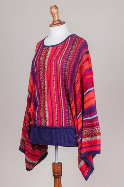 Alternate image for Peruvian Knit Bohemian Drape Sweater in Multicolor Pattern Cuzco Dance