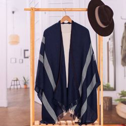 Image for Striped Midnight Soft 100 Baby Alpaca Ruana with Suede Trim Midnight Seasons