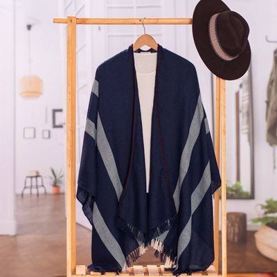 Primary image for Striped Midnight Soft 100 Baby Alpaca Ruana with Suede Trim Midnight Seasons