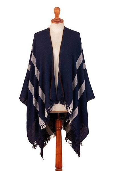 Alternate image for Striped Midnight Soft 100 Baby Alpaca Ruana with Suede Trim Midnight Seasons