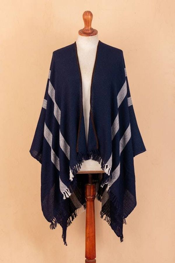 Alternate image for Striped Midnight Soft 100 Baby Alpaca Ruana with Suede Trim Midnight Seasons