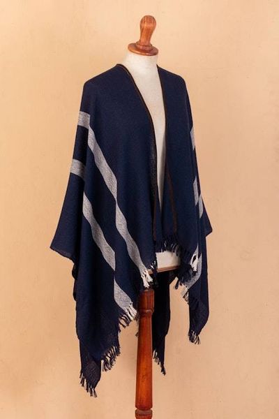 Alternate image for Striped Midnight Soft 100 Baby Alpaca Ruana with Suede Trim Midnight Seasons