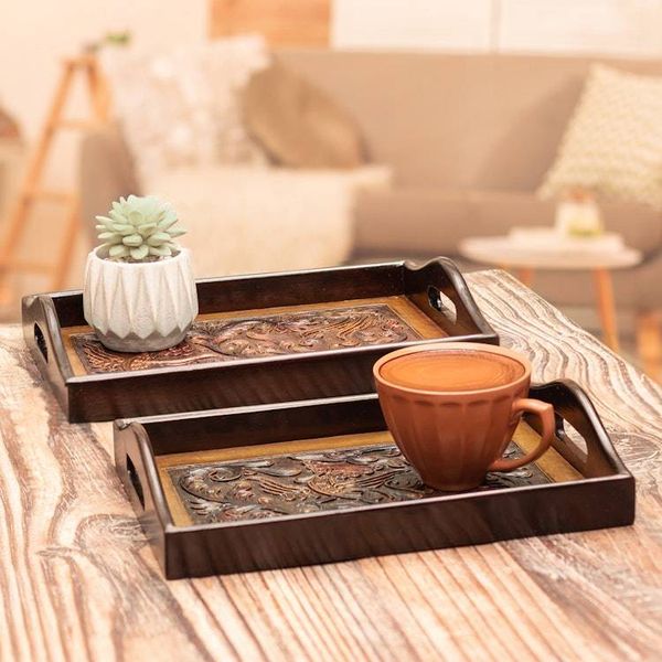 Alternate image for Baroque-Inspired 2-Piece Mohena Wood and Leather Tray Set Embossed Traditions