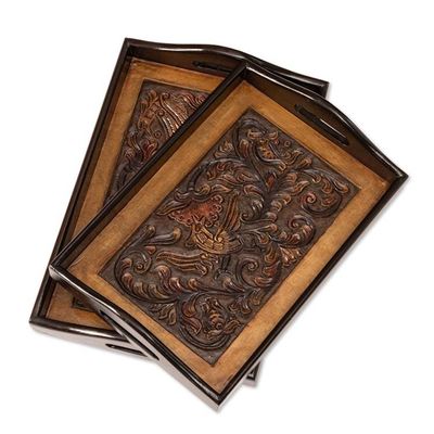Alternate image for Baroque-Inspired 2-Piece Mohena Wood and Leather Tray Set Embossed Traditions