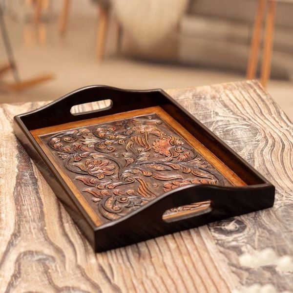 Alternate image for Baroque-Inspired 2-Piece Mohena Wood and Leather Tray Set Embossed Traditions