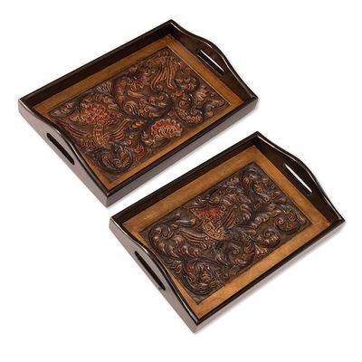 Alternate image for Baroque-Inspired 2-Piece Mohena Wood and Leather Tray Set Embossed Traditions