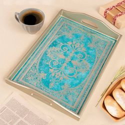 Image for Reverse Painted Glass Tray in Blue and Silver from Peru Floral Marvel in Silver