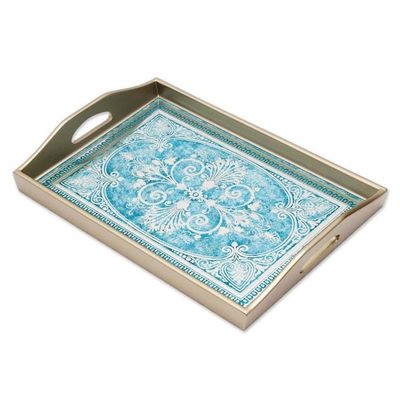 Alternate image for Reverse Painted Glass Tray in Blue and Silver from Peru Floral Marvel in Silver