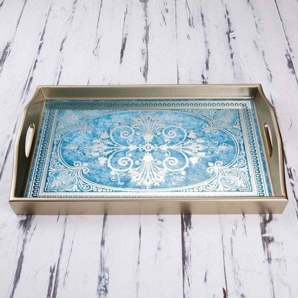 Alternate image for Reverse Painted Glass Tray in Blue and Silver from Peru Floral Marvel in Silver
