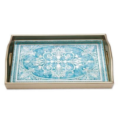 Alternate image for Reverse Painted Glass Tray in Blue and Silver from Peru Floral Marvel in Silver