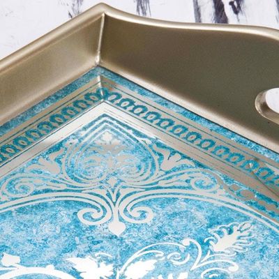 Alternate image for Reverse Painted Glass Tray in Blue and Silver from Peru Floral Marvel in Silver