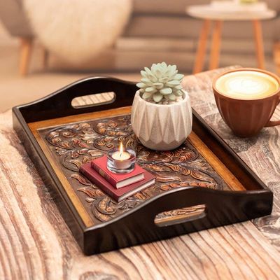 Primary image for Floral Bird-Themed Embossed Leather and Wood Serving Tray Garden of Splendor